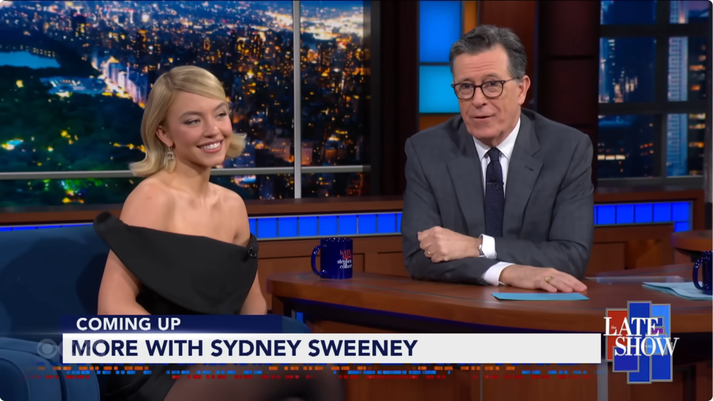 Sydney Sweeney and Stephen Colbert